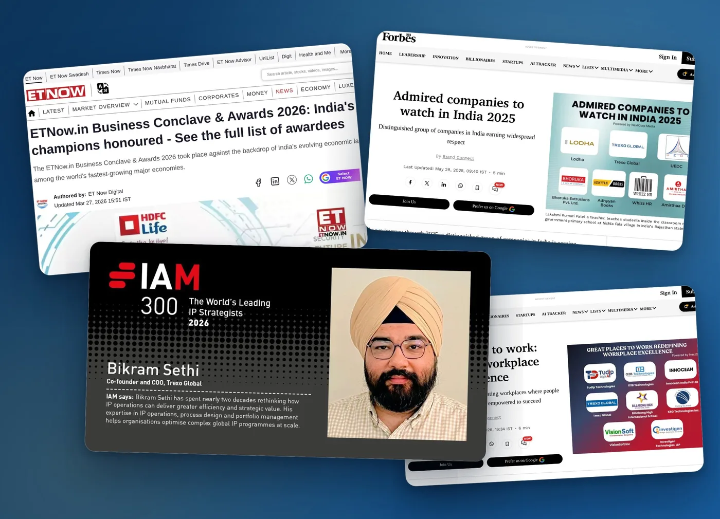 Press coverage of Trexo Global’s awards: IAM Strategy 300 2026, ET Now Business Conclave & Awards 2026, and Forbes India’s Admired Companies and Great Places to Work lists