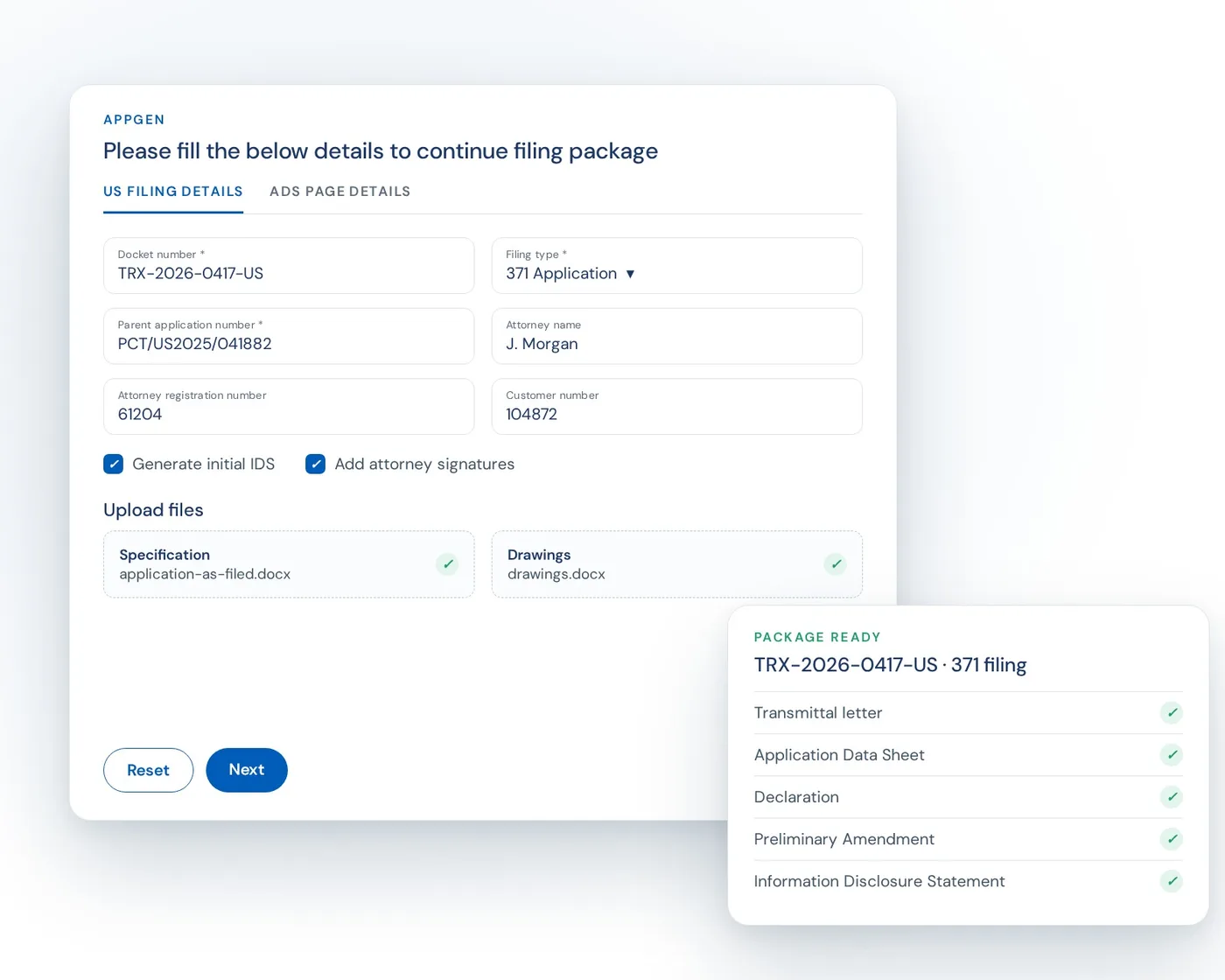 The AppGen filing-package form beside a list of the finished documents: transmittal, ADS, declaration, preliminary amendment and IDS