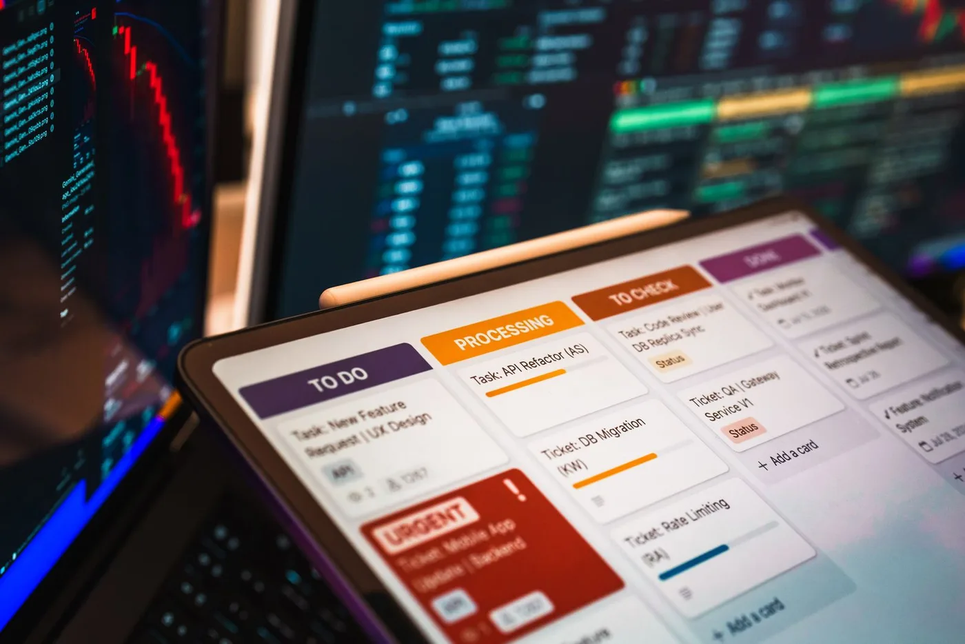 A workflow board on a tablet, with task cards moving from to-do through processing and review to done