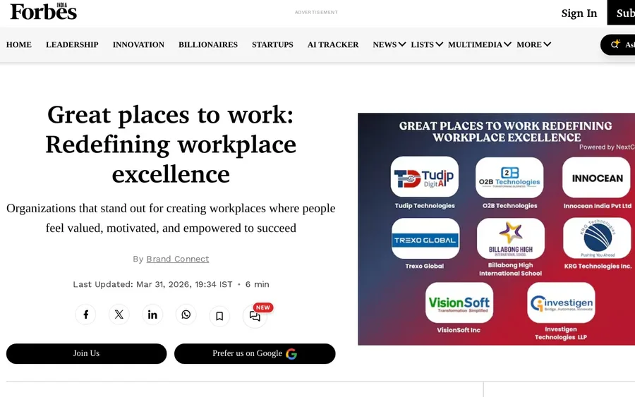 Forbes India: Great places to work, with the Trexo Global logo among the featured companies